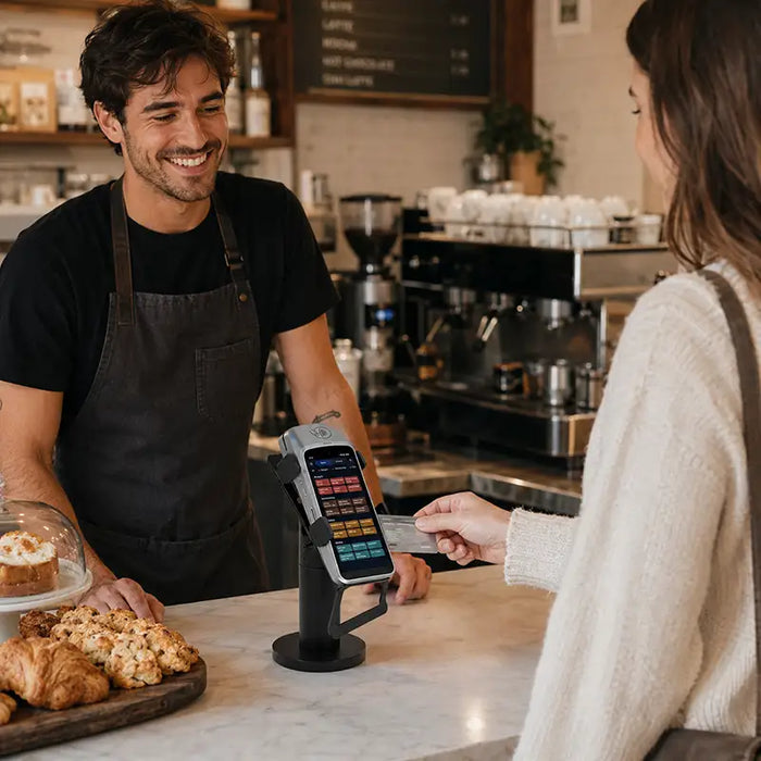 Customer using SpotOn Handheld POS in AgozTech swivel stand at a bistro cafe checkout counter