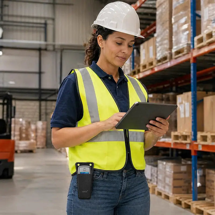 Warehouse worker wearing an AgozTech Cisco wireless phone case on a waist belt while using a tablet in a logistics facility.