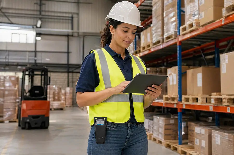 Warehouse worker wearing an AgozTech Cisco wireless phone case on a waist belt while using a tablet in a logistics facility.