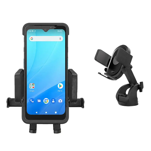Unitech mobile scanner secured in an AgozTech commercial vehicle cradle mount with dashboard mounting bracket.