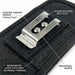 Annotated close-up of AgozTech holster back showing stainless steel belt clip, reinforced stitching, and rugged canvas weave for Zebra TC53 case