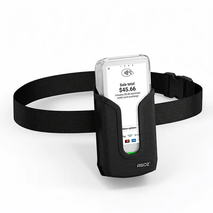 AgozTech black holster case with waist belt holding Clover Flex 4 C406 payment terminal