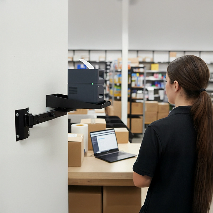 Warehouse shipping station using AgozTech Seiko printer wall mount shelf with swing arm