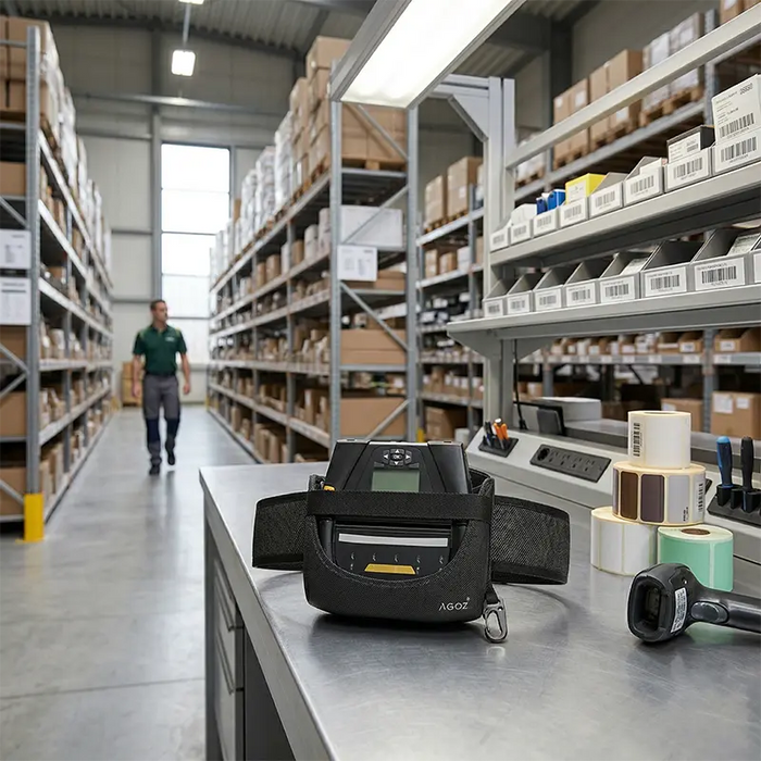 Zebra ZQ630 printer waist belt carrying case on a warehouse packing station with barcode labels, scanner, and storage shelves in the background.
